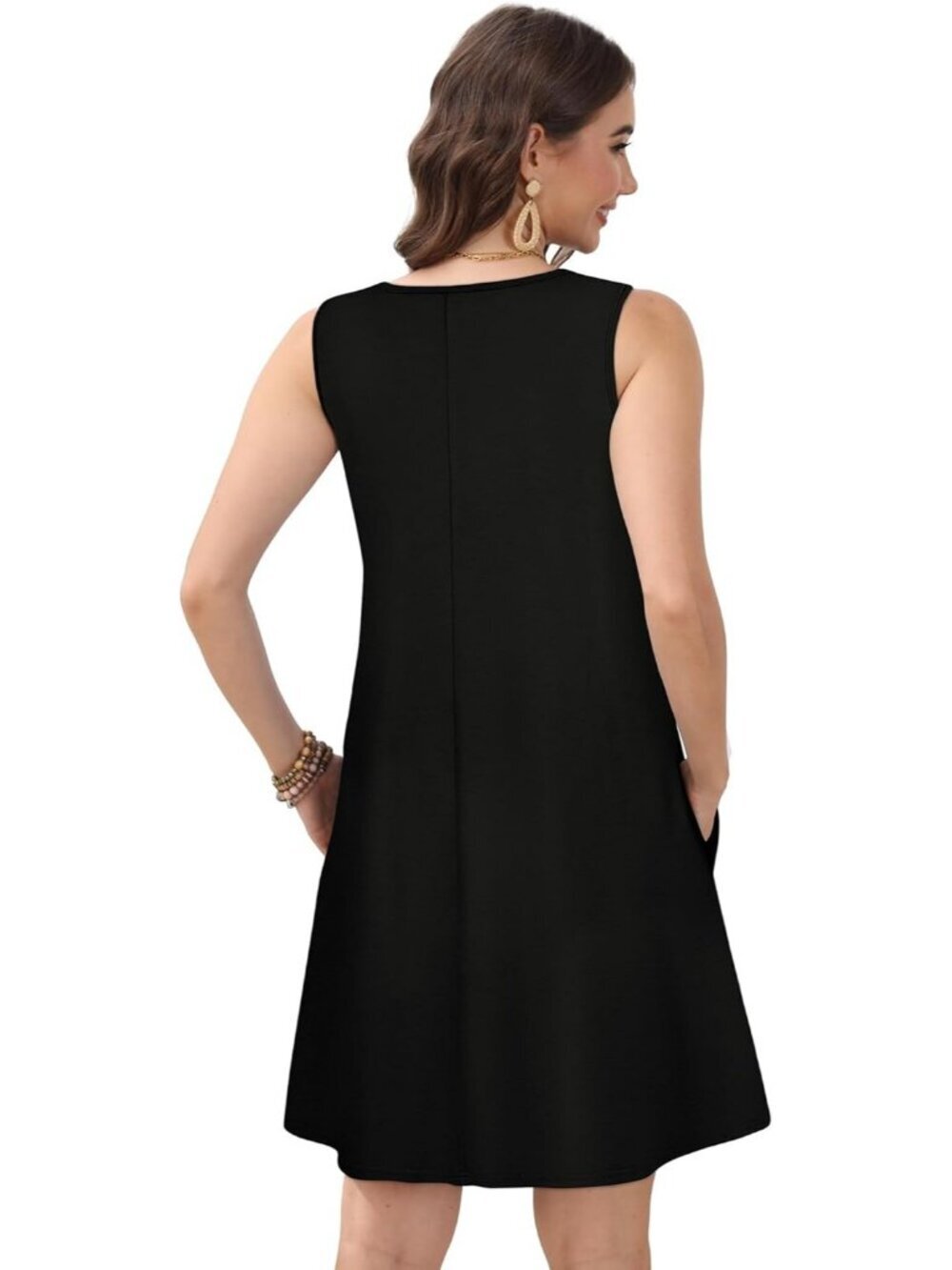 Women's Black Stylish Casual Sleeveless Loose T Shirt V Neck Swing Mini Dress - Picture 6 of 6